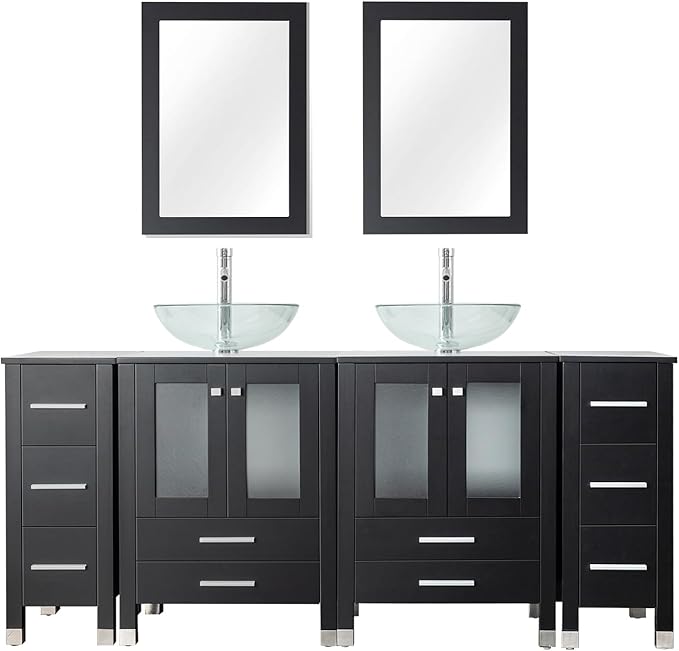 LUCKWIND 72" Double 24-in Bathroom Vanity with Sink Combo, Elegant Series with Two 12.6-in Side Cabinets, Painted Frame, Including Transparent Round Sinks, Faucets Without Mirrors, Black