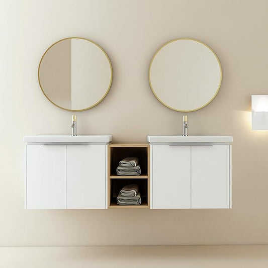 SSLine 60-Inch Double Sink Vanity Modern Wall Mounted Bathroom Vanity with Double Ceramic Sink 60" Large Floating Bathroom Vanities Set with Middle Storage Shelf & 2 Cabinet (White)