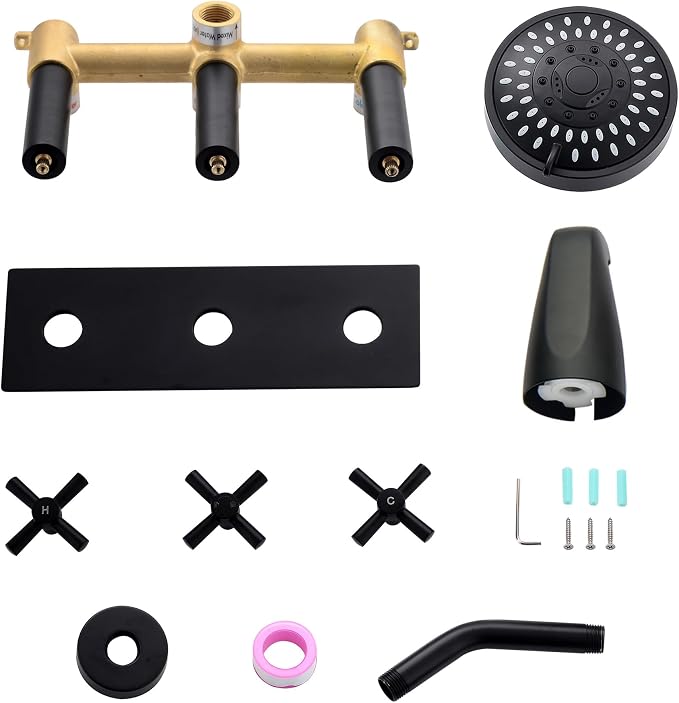 3 Handle Tub Shower Faucet Matte Black Shower Tub Faucet Set | 3 Knob Bathtub Shower Faucets Sets Complete for Bathroom Shower Trim Kit with Rough-in Valve