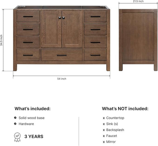 ARIEL Cambridge 54-inch Bathroom Vanity Base Cabinet,Solid Wood, 2 Soft Closing Doors, 9 Dovetail Drawers, Brown Oak