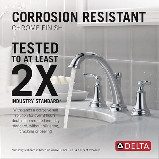 Delta Woodhurst Chrome Bathroom Faucet 3 Hole, 8 Inch Widespread Bathroom Sink Faucet for Vanity, Metal Push-Pop Drain Assembly, Chrome 3532LF