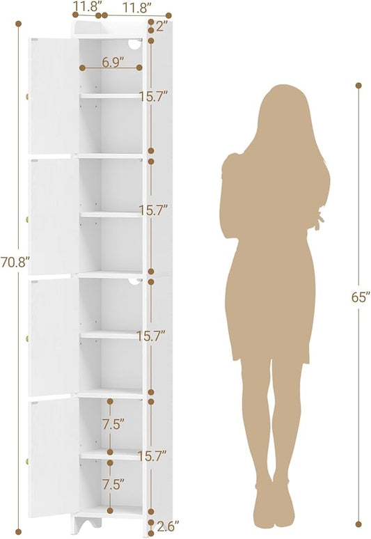 Bathroom Storage Cabinet, Tall Corner Floor Cabinet with 4 Doors and Adjustable Shelf, Narrow Toilet Paper Cabinets, Bathroom Organizer for Small Spaces, 11" D x 11" W x 70.9" H White