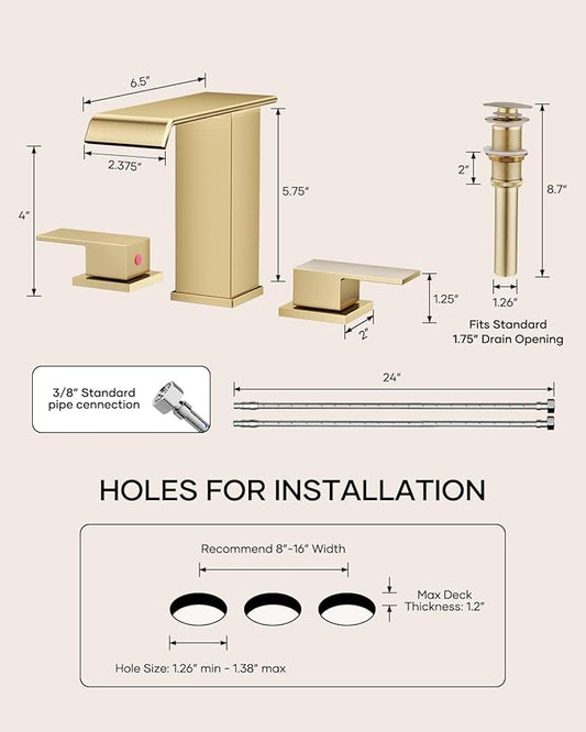 Waterfall Bathroom Faucet 3 Hole, Brushed Gold 8 Inch Widespread Modern 3 Piece Bathroom Sink Faucets & Parts, Touch On Lavatory Faucet for Bathroom Vanity