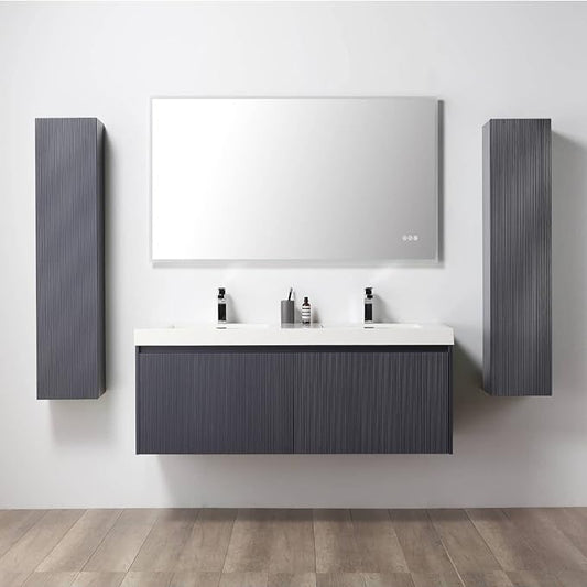 Blossom 60 Inch Double Sink Bathroom Vanity with Side Cabinets, All Wood Wall Mounted Floating Bathroom Vanity Cabinet with Acrylic Sinks, Soft-Close Drawers, Bathroom Vanities, Night Blue