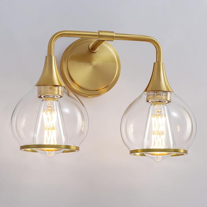Gold Bathroom Light Fixtures 2-Lights Vanity Lights with Clear Glass Shade Bathroom Vanity Light 14 Inch Wall Sconces(Exclude E26 Bulb)…