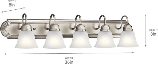 Kichler 5-Light Bathroom Vanity Light, Brushed Nickel | Clear satin etched glass vanity light for bathroom mirrors (36" x 8" x 12"), 5339NIS