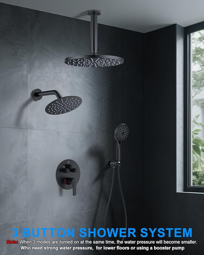 Woindo Shower System with Pressure Balance Valve, 10" Ceiling Mount Shower Faucet Set with 2 Rain Shower Head And Multi-function Handheld Head Push Button Diverter Pressure Balancing Valve Kit