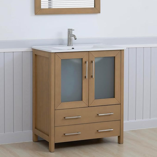 Vanity Art 30" Single Sink Bathroom Vanity with 1 Mirror, Ceramic Top Cabinet Compact Set with 2 Dovetail Storage Drawers and Brushed Nickel Handles, VA3030-NO