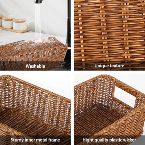 2pcs Toilet Paper Basket, Rectangular Wicker Bathroom Storage Basket, Waterproof Handwoven Toilet Paper Rolls Organizer Baskets for Apartment, Bedroom, Bathroom, Kitchen Shelf (Coffee Brown)