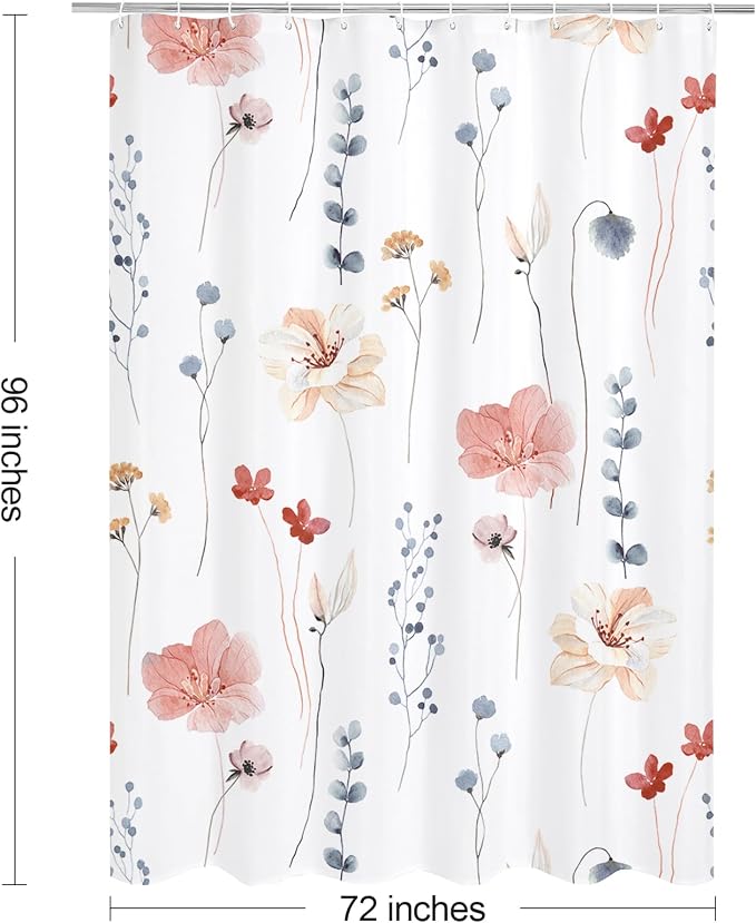 Coral Beige Watercolor Floral Fabric Shower Curtain, 72x96 | Waterproof Fabric, Modern Minimalist Floral Print, Machine Washable, Rustproof Grommets, for Bathroom Home, Extra Long