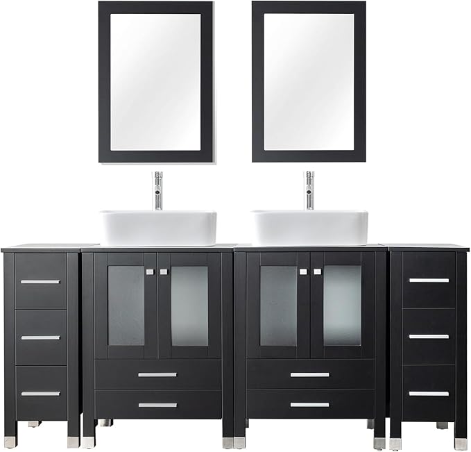 LUCKWIND 72" Double 24-in Bathroom Vanity with Sink Combo, Elegant Series with Two 12.6-in Side Cabinets, Painted Frame, Including White Rectangle Sinks, Faucets Without Mirrors, Black