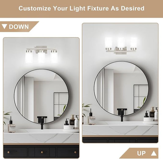 IZORRO Modern Bathroom Light Fixtures, 3 Light Brushed Nickel Vanity Lights, Bathroom Lighting Fixtures Over Mirror with White Glass for Living Room Cabinet Bedroom