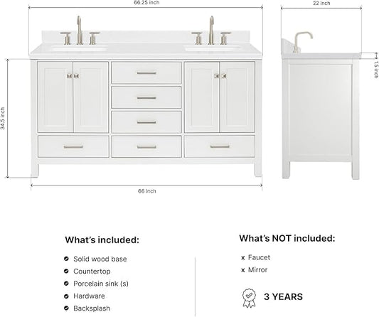 DKB Beckford 66-Inch White Double Bathroom Vanity, 1.5-Inch Edge Carrara Quartz Countertop & Splash, Rectangular Sinks, 4 Soft Closing Doors, 6 Full Extension Dovetail Drawers, Brushed Nickel