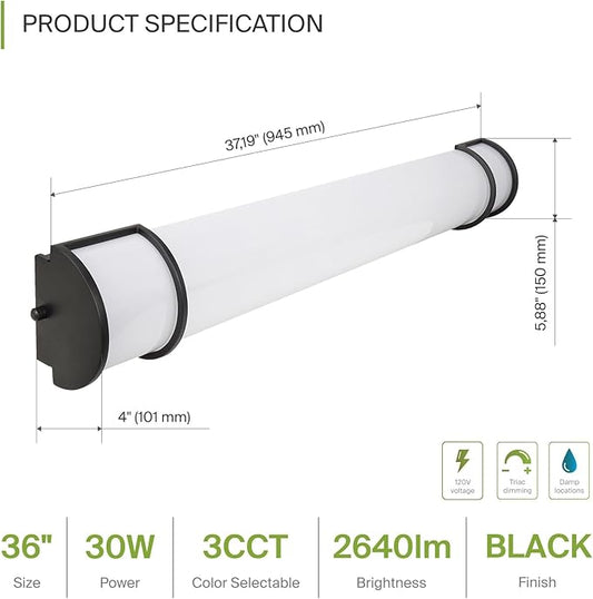ASD LED 36" Vanity Flush Mount Light Fixture, Linear Bathroom Lighting Bar | 3CCT, Dimmable, Energy Star, ETL Listed | 30W 2650LM 3000-5000K 120V | Long Bath Wall Sconce Over Mirror | Black, 4 Pack