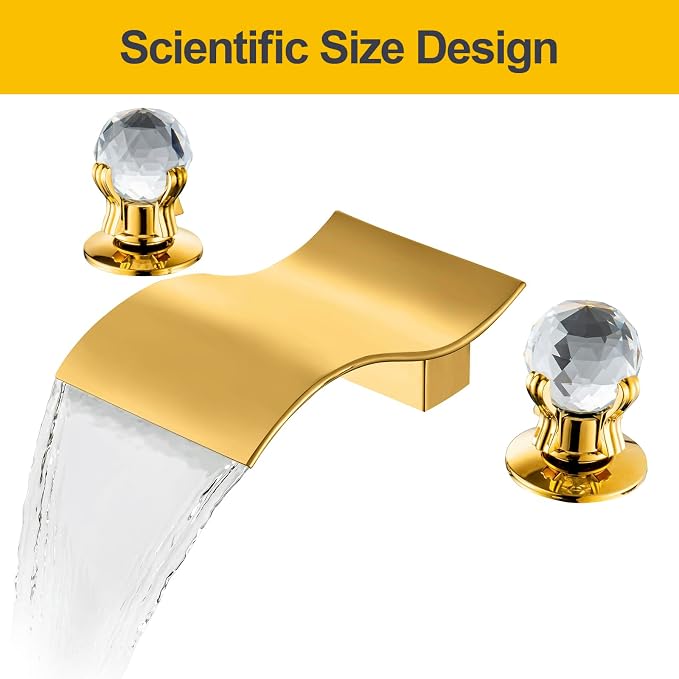 Widespread Bathroom Sink Faucet with Crystal Knob 3 Hole Waterfall Vanity Faucet 8 Inch Crystal Bathroom Faucets Deck Mount Basin Mixer Tap with Hose, Polished Gold