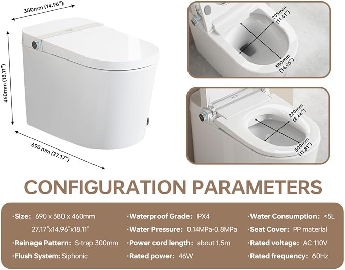 MEJE #A5 - Basic Smart Function Toilet with Built-in Heated Seat, Elongated Tankless Toilet with Auto Flushing, Foot Kick Flushing, Adjustable Seat Temperature, Flush Remote Control, Night Light