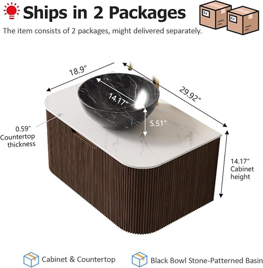 30 inch Floating Bathroom Vanity with Sink, Natural Solid Wood Modern Bathroom Vanities with Bowl Shape Ceramic Basin and Marble Top, Soft-Close Drawer, Pre-Assembled Cabinet, Dark Walnut