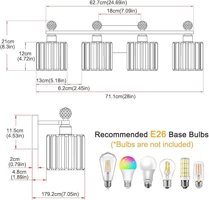 Modern Crystal Bathroom Vanity Light 4-Lights, Chrome Vanity Lights for Bath, Crystal Bathroom Wall Fixture Over Mirror, Wall Sconces Lighting with Clear Glass Shade for Bedroom, Living Room