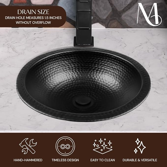 Monarch Abode Bathroom Sink – 16-Inch Rotunda Dual Mount Undermount or Drop In Bathroom Sinks, Bathrooms Hand Hammered Matte Black Aluminum Vanity Sink for Countertop, Powder Room, Bath, or Restroom