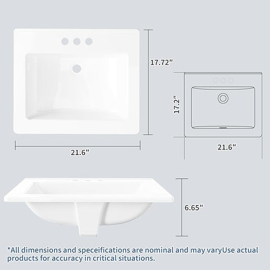 20X17 Inch White Ceramic Drop-in Bathroom Sink, Oval Vanity Top with & 3-Hole Faucet (1.25" Centers), CUPC Certified Contemporary Lavatory for Small Spaces