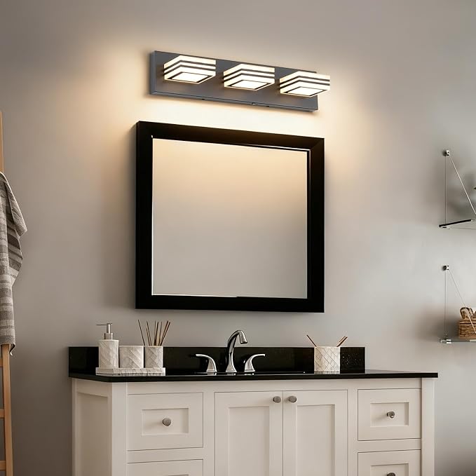 SOLFART LED Bathroom Vanity Light Fixtures: 3 Light Matte Black Modern Acrylic Bathroom Wall Lighting Fixtures Over Mirror 5CCT