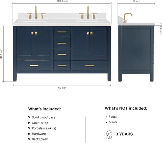ARIEL Cambridge 60-inch Bathroom Vanity with Sink,Solid Wood, 1.5-inch Carrara White Quartz Countertop, Double Rectangular Porcelain Sink, 4 Soft Closing Doors, 6 Dovetail Drawers, Midnight Blue
