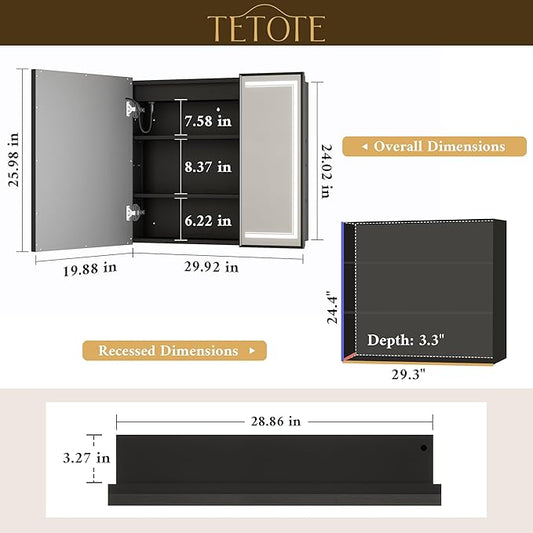TETOTE Black Lighted Medicine Cabinet Mirror with Led Lights 30 x 26 Wall Mount or Recessed Bathroom Cabinet with Storage, 2 Door Tempered Glass Led Vanity Cabinet, 2 Outlets, 3-Color Dimming, Defog