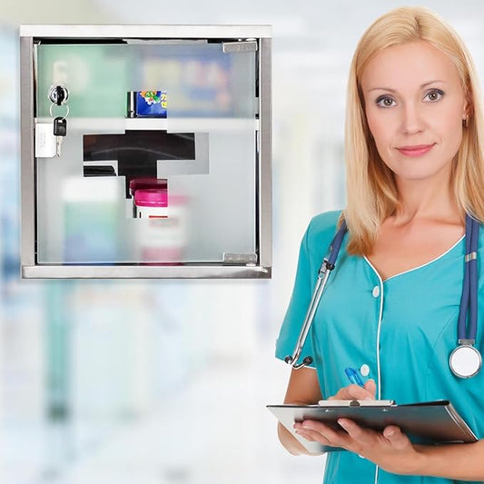 Locking Stainless Steel Medicine Cabinet, 2 Tier Wall Mounted Storage Cabinet, Durable Stainless Steel, Surface or Flush Mount, Ideal for Home, Office or First Aid, 11.8 in. x 4.7 in. x 11.8 in
