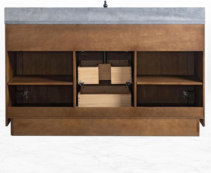Vanity Art 60 inch Bathroom Vanity with Single Sink, Modern Wood Bath Vanity with Black Carrara Marble Top, Vanity Cabinet with Doors, Removable Shelf, Solid Wood Frame, Tan, VA7060B