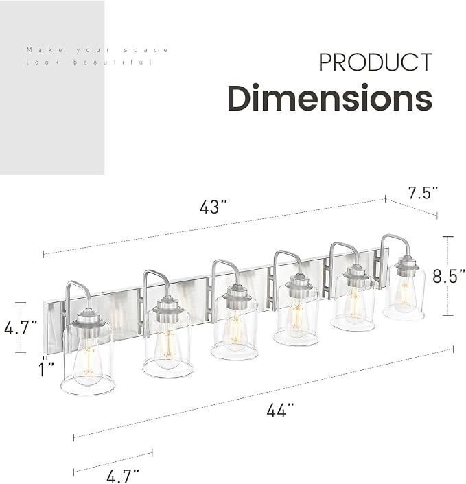 zeyu 44-Inch 6-Light Modern Bathroom Light with Clear Glass, ZSL72B-6W BN | Brushed Nickel Vanity Lighting, Up Or Down Mount, ETL Listed, 6 E26 Bulbs Up To 60W Each, For Bathroom Mirror, Bedroom