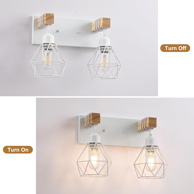 maesta 2 Light Bathroom Vanity Light, Farmhouse White Fixture Over Mirror | Farmhouse Bathroom Light Fixtures, Wood & Metal, Anti-Rust Easy to Install for Rustic Bathroom Hallway