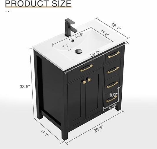 LUCKWIND 30" Modern Bathroom Vanity with Sink, Painted Storage Cabinet with Undermounted Sink, Two Doors and Three Drawers, Include Faucet Without Mirror, Black