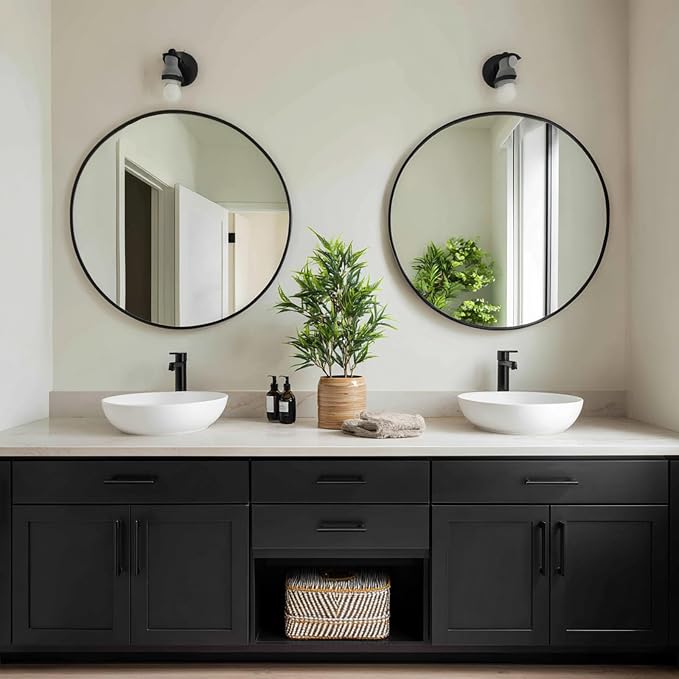Round Mirror 24 inch, 2 Pack Circle Mirror, Matte Black Metal Frame | High Definition Mirror, Waterproof, Sturdy, Circle Mirror for Bathroom, Bedroom, Entryway, Living Room, Wall Décor