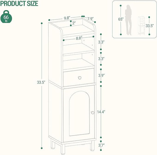 Bathroom Storage Cabinet, Corner Floor Cabinet with Drawers and Doors, Narrow Toilet Paper Holder, Bathroom Organizer with Adjustable Shelf, for Small Spaces, Black BC29804G