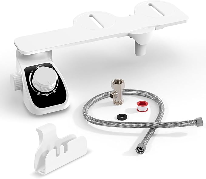 Filtered Bidet Attachment for Toilet, Non-Electric Self Cleaning Bidet Toilet Seat Attachment with Pressure Controls, Dual Nozzles, Multi-Stage Water Softener Filters for Hard Water (White)