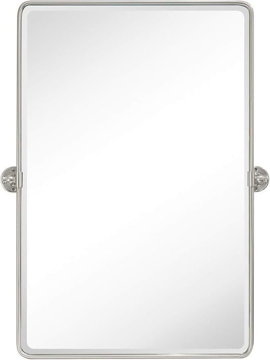 TEHOME Brush Nickel Pivot Rectangle Bathroom Vanity Mirrror Farmhouse Tiltable Rounded Metal Framed Pivoting Bathroom Mirror with Beveled Mirrror, Overall 26.91 x 35 inches (Mirrror 23 x 35 inches)