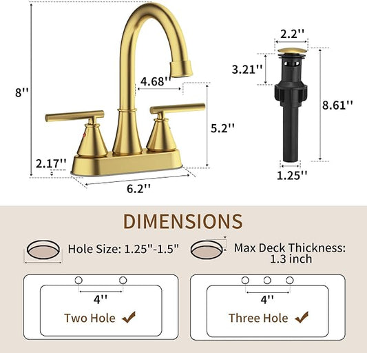 Bathroom Sink Faucet 4 Inch 2 Handle Centerset Brushed Gold Lead-Free Modern Bathroom Faucet Vanity Faucet with Pop-up Drain Stopper and Supply Hoses