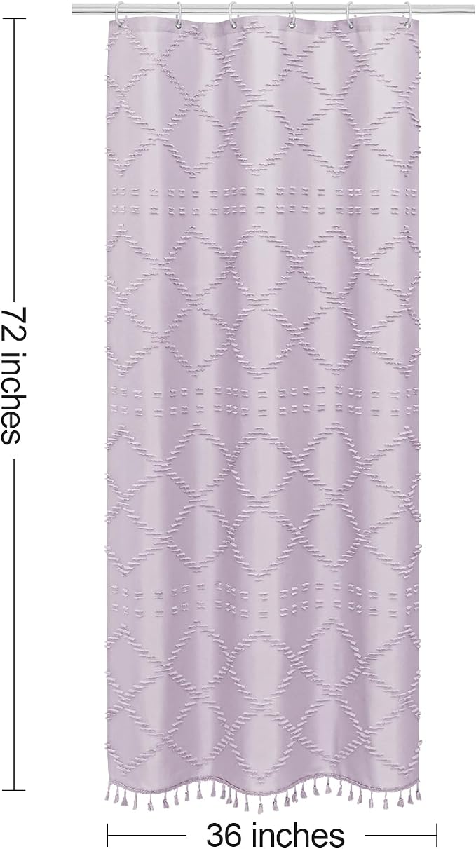 Lavender Boho Fabric Shower Curtain with Tassel 36x72, Tufted Textured | Modern Farmhouse Curtain for Bathroom, Stall Bathroom Curtain, Minimalist Decor, Waterproof