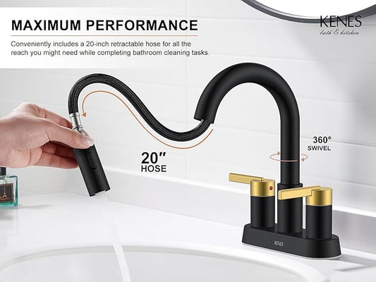 KENES Black and Gold Centerset Bathroom Faucet with Pull Out Sprayer, 4 Inch 2 Handle Pull Down Bathroom Sink Faucet 3 Hole, Bathroom Vanity Faucet with Pop Up Drain & Supply Lines LJ-9069-BG
