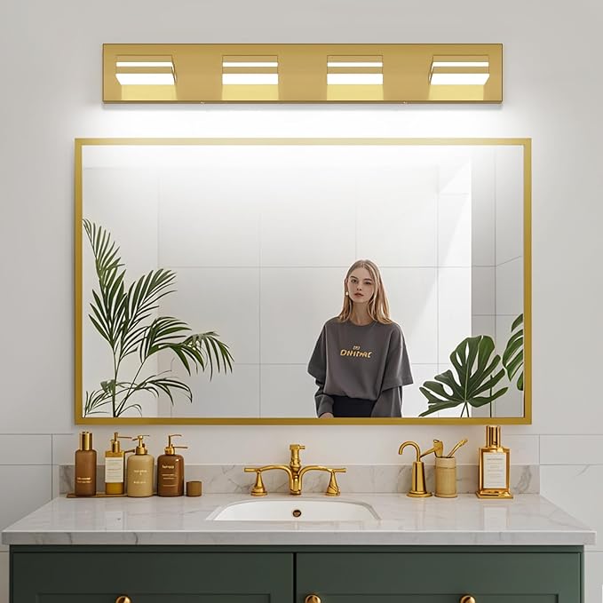 SineRise LED Modern Bathroom Vanity Light Fixtures, Modern Acrylic Bathroom Wall Lighting Fixtures Over Mirror, 4-Light, 30-Inch, Brass, 100%-0% White