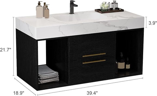 40" Modern Black Bathroom Vanity, Floating Bathroom Vanities with Ceramic Sink, 40 inch Wall Mounted Bathroom Sink Storage Cabinet with 2 Drawers&2 Open Shelves&Gold Metal Handle
