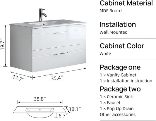 wonline 36" Wall Mounted Bathroom Vanity Set Two Drawers Storage Cabinet with Ceramic Vessel Sink Combo Chrome Faucet White