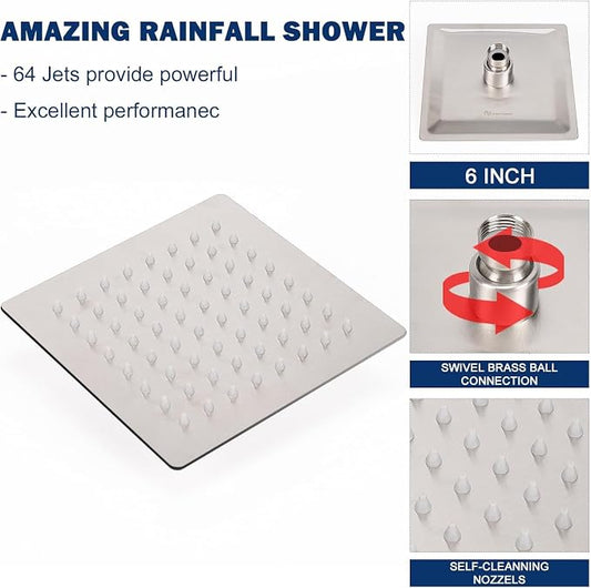 NearMoon Rain Shower Head, High Flow Stainless Steel Square Rainfall Shower, High Pressure Design, Awesome Shower Experience Even At Low Water Flow (6 Inch, Brushed Nickel)