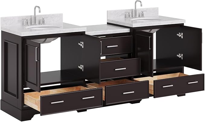 ARIEL Stafford 84-inch Bathroom Vanity with Sink,Solid Wood, 1.5in Italian Carrara Marble Countertop & Backsplash, Double Oval Porcelain Sink, 4 Soft Closing Doors, 5 Dovetail Drawers, Espresso