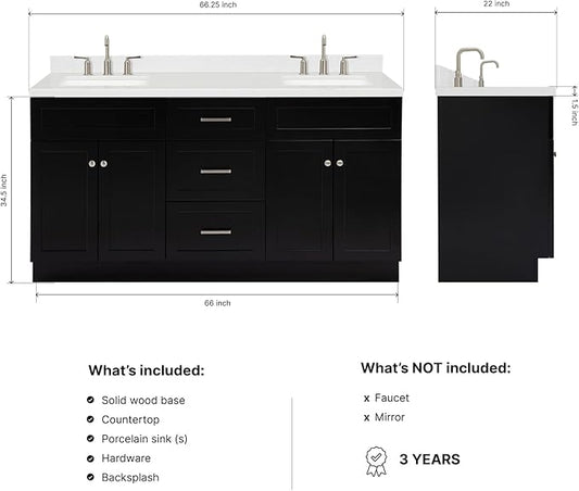 ARIEL Hamlet 66-inch Bathroom Vanity with Sink,Solid Wood, 1.5-inch Carrara White Quartz Countertop & Backsplash, Double Rectangular Porcelain Sink, 4 Soft Closing Doors, 3 Dovetail Drawers, Black