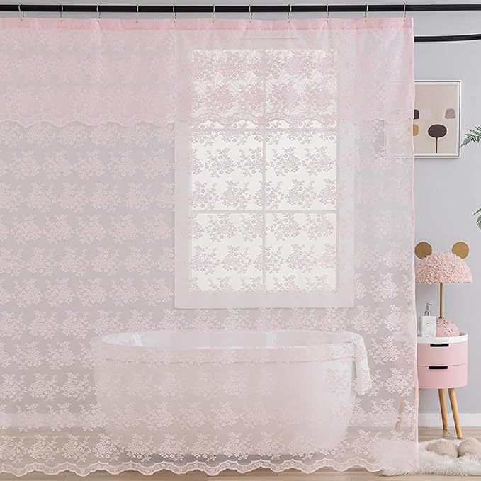 TUDECO Pink Lace Shower Curtain with Attached Valance, 72W x 84L Inch | Long Bathroom Curtain, Coquette Feminine Charm, Soft Color, Brightens Space, Scalloped Edges Reinforced Holes