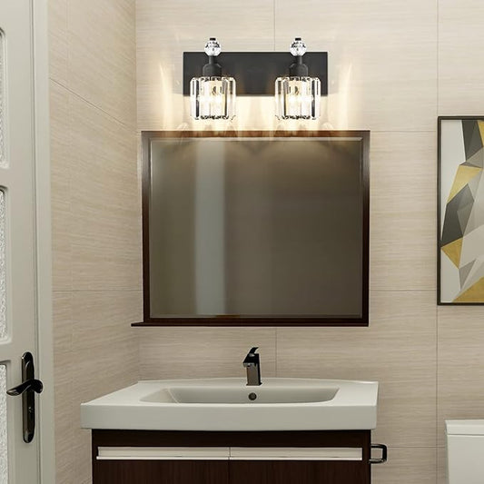 PRESDE 2-Light Crystal Bathroom Lights Fixtures Modern Matte Black Wall Lighting Over Mirror