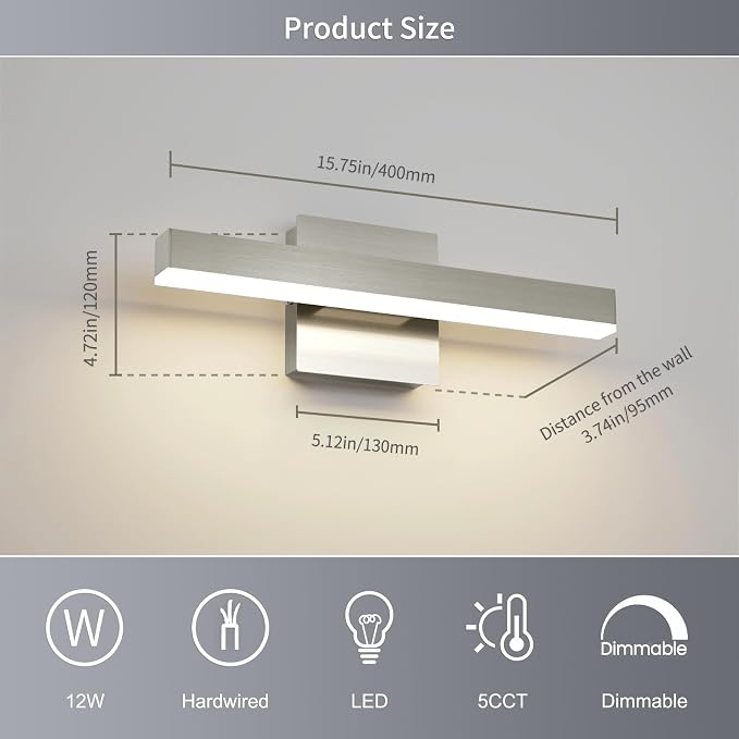 Joossnwell Bathroom Light Fixtures Brushed Nickel Vanity Lights Bar 5cct Dimmable Modern Bath Lighting Fixture Over Mirror Led Vanity Light for Bathroom 15.74 inch ETL Certificated