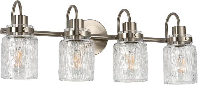 4 Lights Bathroom Vanity Light, Brushed Nickel Bathroom Light Fixtures with Hammered Glass Lampshade for Dressing Table,Over Mirror,Hallway