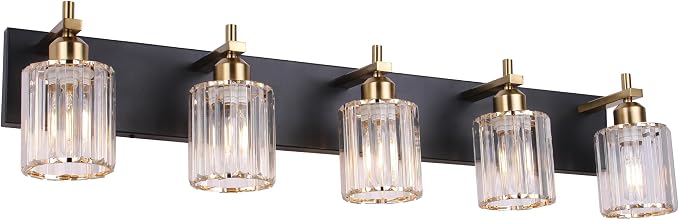 She's home 5-Light Vanity Lights for Bathroom: Black Gold Vanity Lights with Crystal Glass Shade, Modern Crystal Bathroom Light Fixtures Over Mirror, 34inch Black Gold Wall Sconce for Bath, E26 Base
